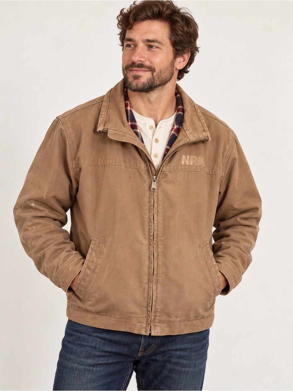 Burk’s Bay Men’s L Tan NRA Canvas Plaid-Lined Workwear Jacket